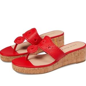 JACK ROGERS Jacks Mid Wedge Cork Red Leather Sandals Slip On Size 10 NEW